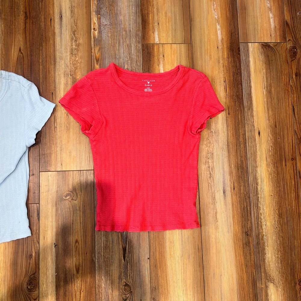 American Eagle Ribbed Crewneck Tees - Red & Light Blue